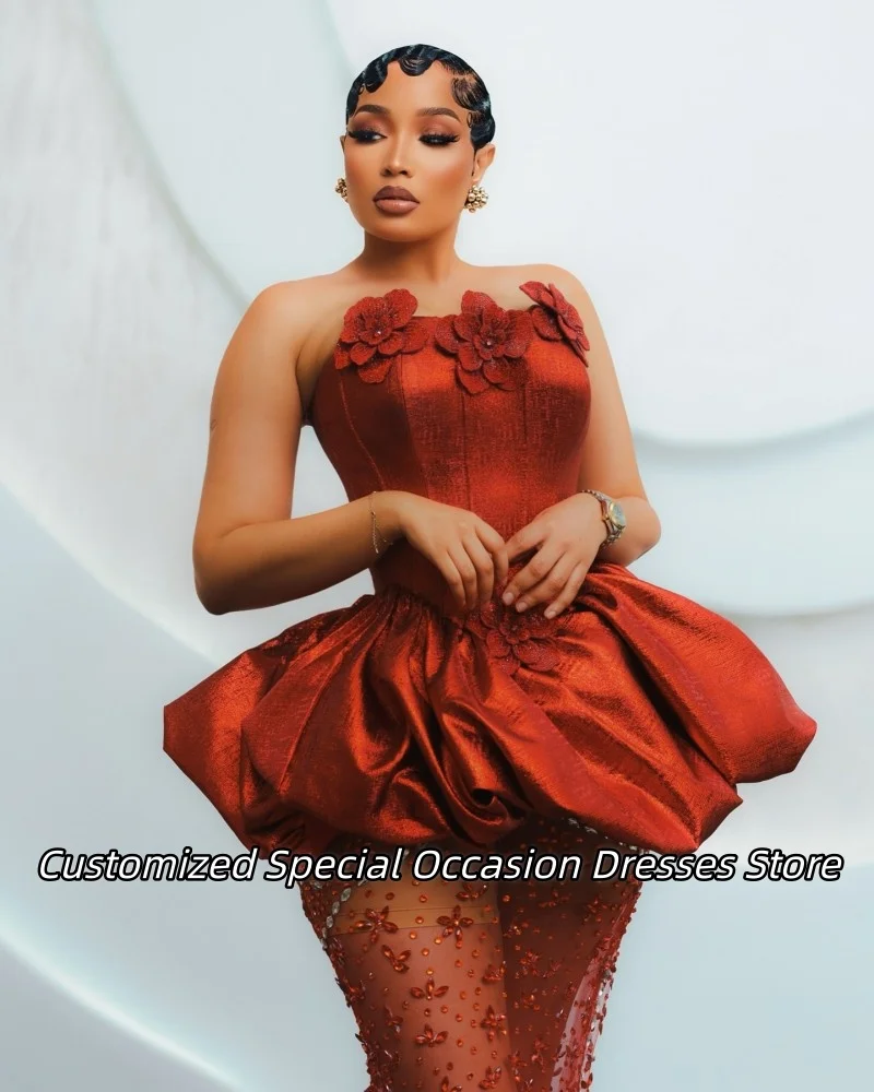 فساتين سهرة برتقالية أفريقية بدون حمالات، زينة مطرزة رائعة، شفافة من خلال تول لحفلات الزفاف، فساتين حفلات مخصصة