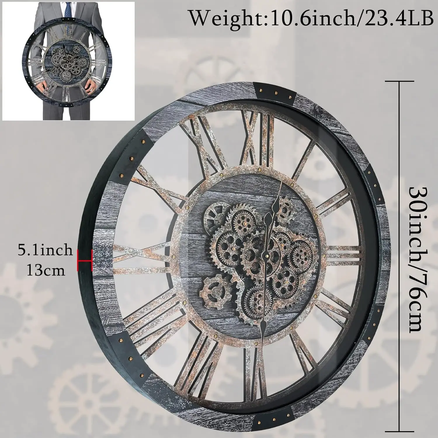 30 Inch Industrial Steampunk Wall Clock, Gray, Battery Operated, Real Rotating Gears, Solid Wood Frame