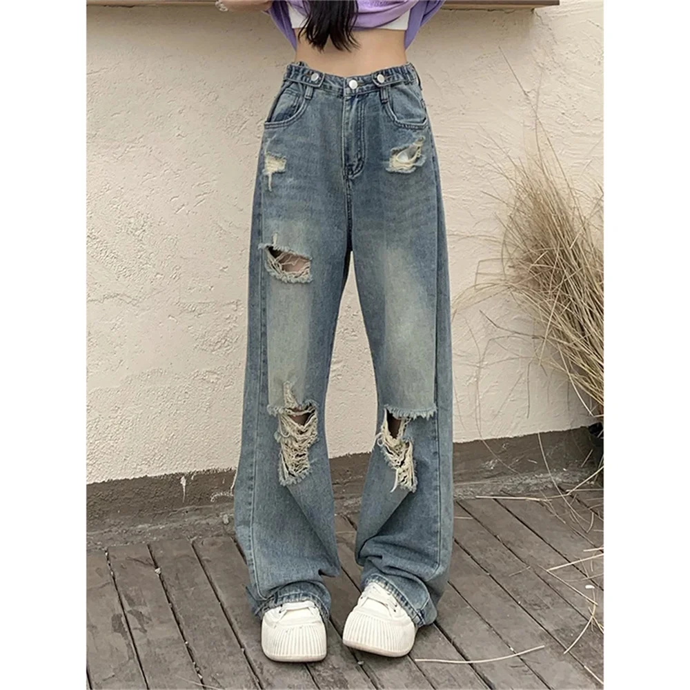 American Retro Hole-Punched Jeans Women High Waist Straight-Crotch Loose Slim Design High-Street Wide-Legged Dragging Denim Pant