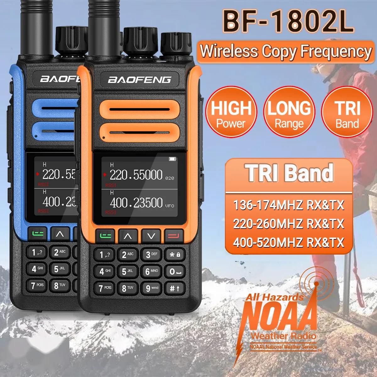 Imagem -02 - Walkie Talkie Tri Band Long Range Ham Poderoso Rádio em Dois Sentidos sem Fio Copiar Frequência Tempo Noaa Baofeng-bf1802l