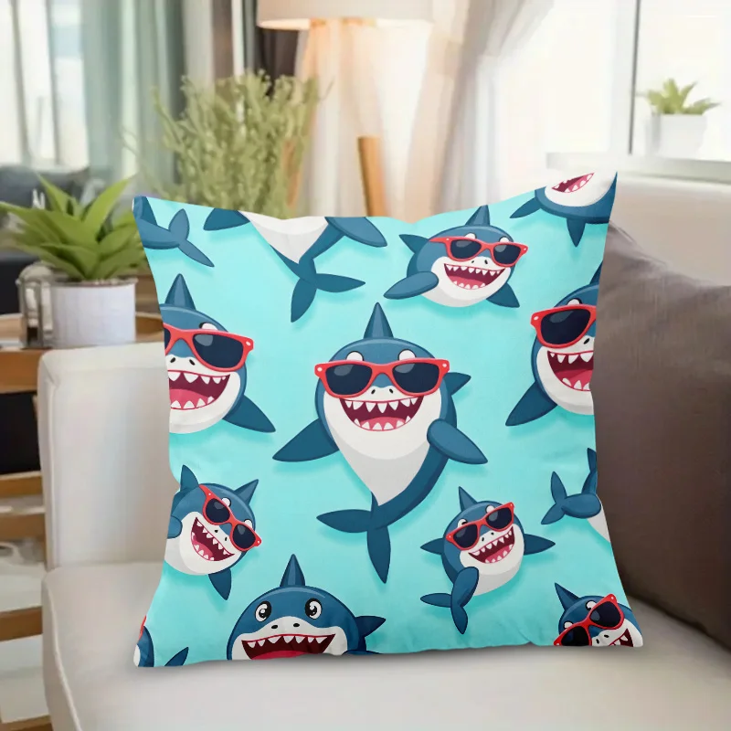 1pc 2D Flat Pillow Not Included Funny Shark Sunglasses Cartoon Cushion Cover Short Plush Kids Room Decor Gift Case