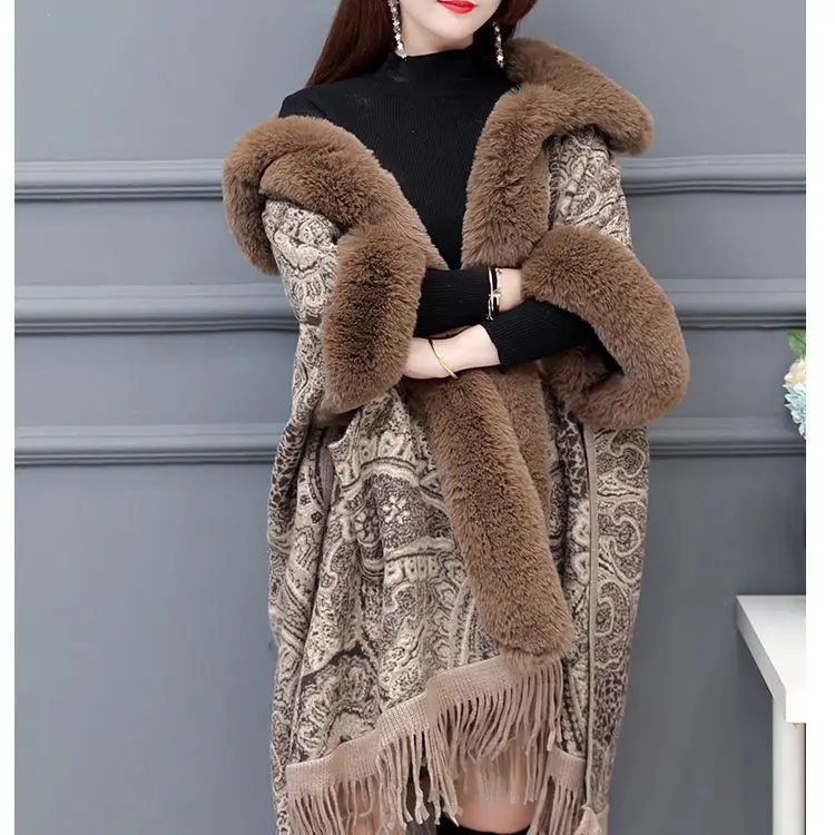 Cloak Woolen Coat Fashion Women Shawl Outerwear 2024 New Autumn Winter Leopard Loose Fit Thicken Jacket Tops Female T314