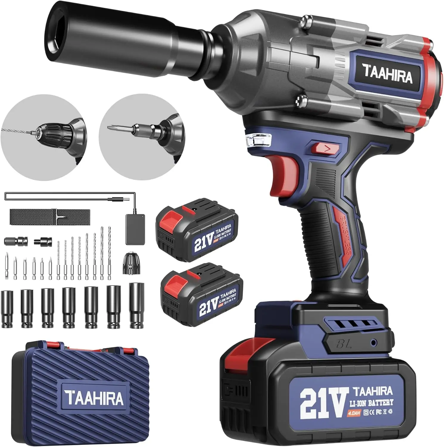 Impact Wrench 1000N.m (740ft-lbs), 1/2 Inch Drive High Torque Impact Wrench, Electric Impact Gun, 2x 4.0 Battery 21V Power Impac