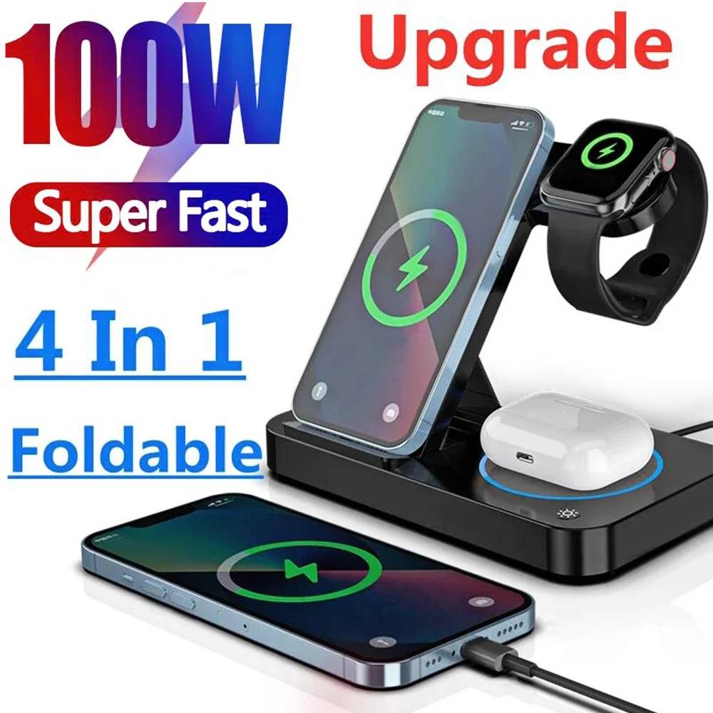 100W 4 in 1 Wireless Charger Stand For iPhone 14 13 X Samsung Apple Watch Airpods iWatch Foldable Qi Fast Charging Dock Station