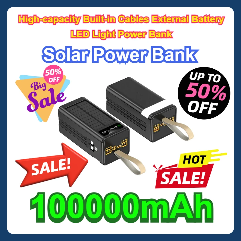 

For IPhone Samsung 100000mAh Solar Power Bank High-capacity Built-in Cables External Battery LED Light Power Bank