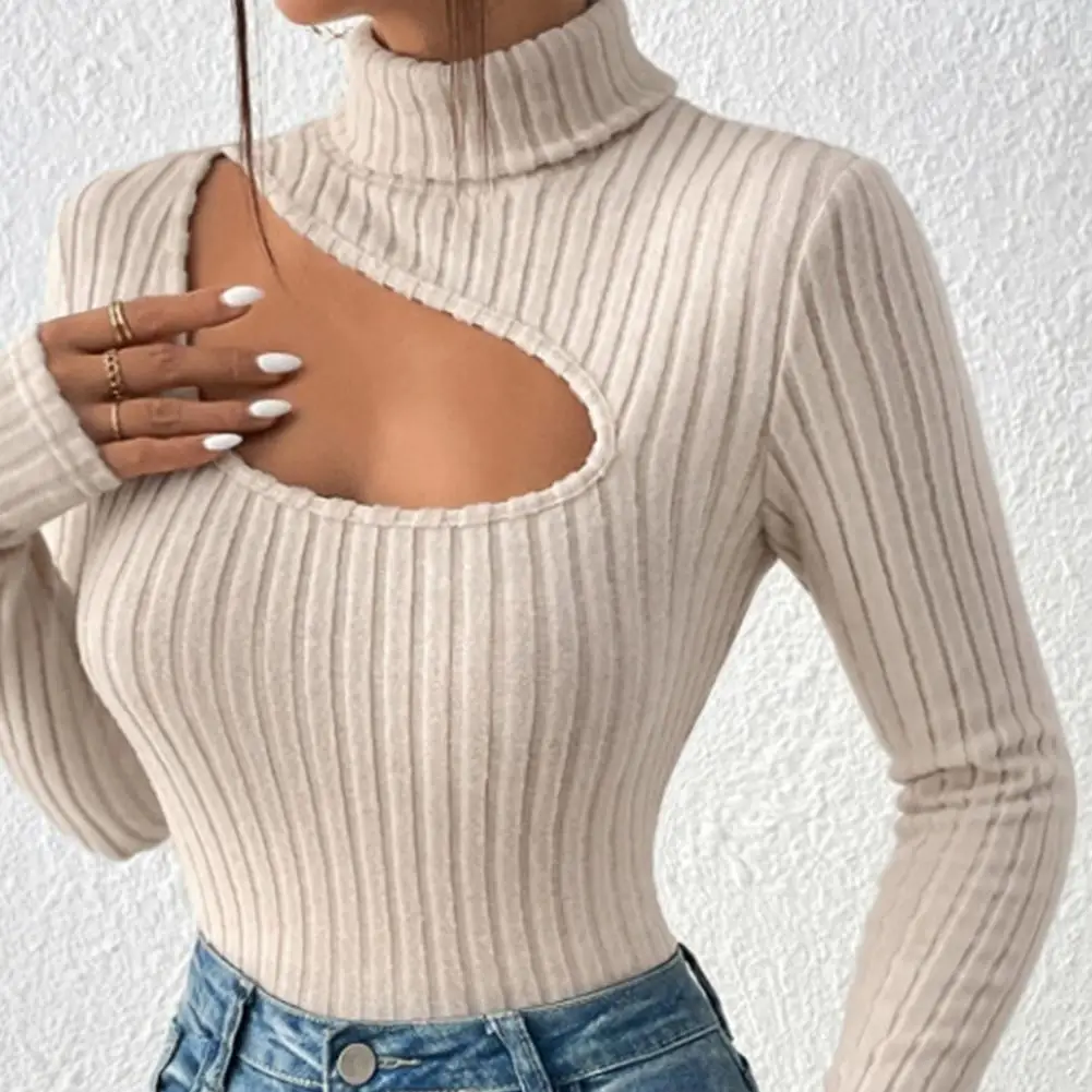 Women Sexy Halter Neck Hollow Out Sweater Solid Full Sleeve Slim Spring Autumn Bottoming Knitted Tops Lady Bottoming Sweater