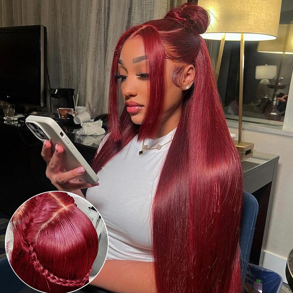 30 inch 99J gekleurde 13x4 kant voor menselijk haar pruik recht bordeaux 13x6 HD transparant kant frontale pruiken rode pruiken voor vrouwen