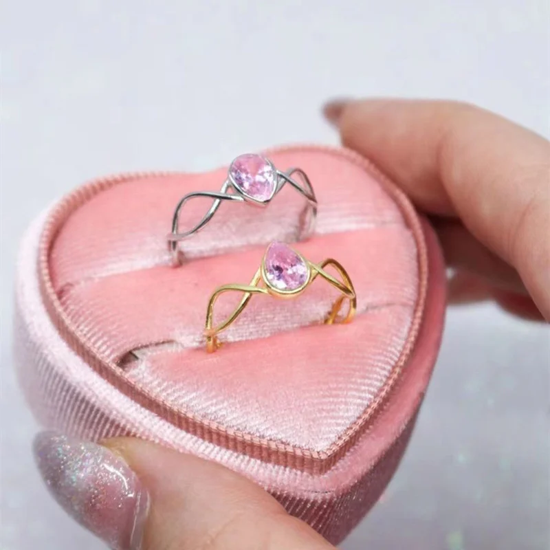 Barbie Rainbow Fairy Water Drop Fashion Personality Pink Zircon Open Index Hollow Fried Dough Twists Ring