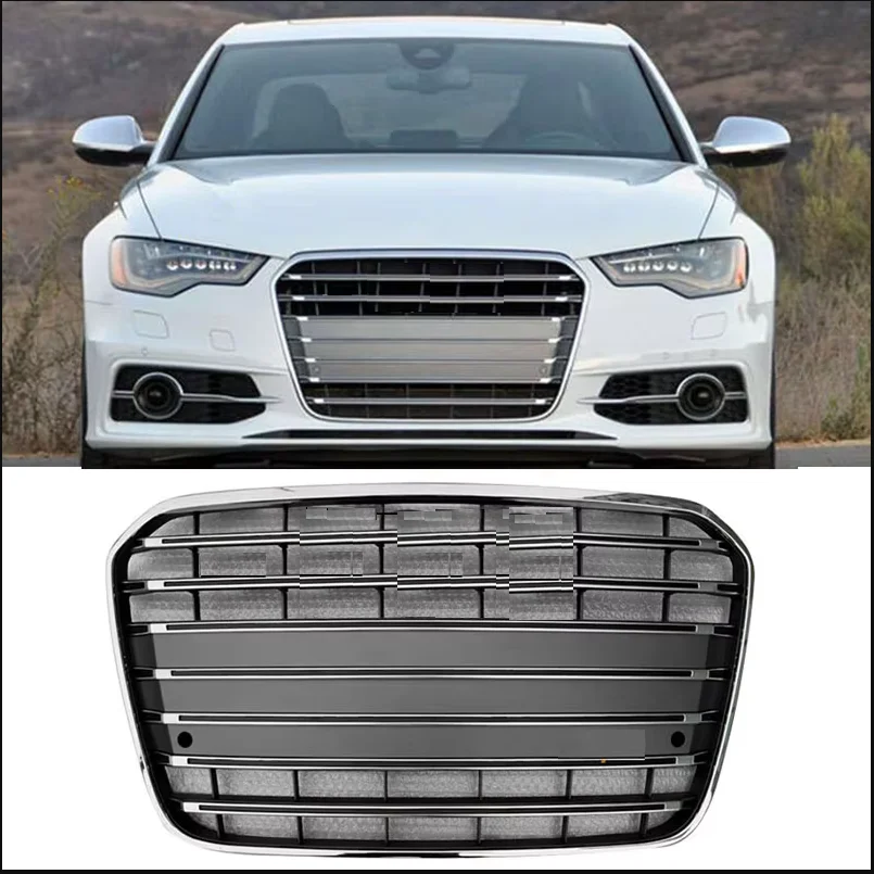 S6 Style Grille Grill For Audi A6 C7 2013 13 2014 14 2015 15 Silver ABS Chrome Frame And Ring Black Mesh