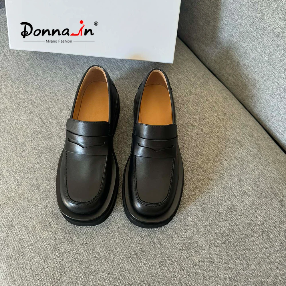 Donna-in Women Platform Loafer Shoes Natural Cowhide Leather Slip-on Chunky Sole Classic Comfort Female Shoe