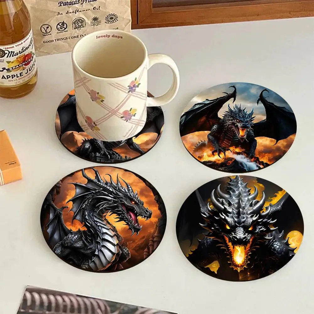 Retro Black Fire Dragon Round Wooden Coasters Suitable For Restaurants And Coffee Home Gift Choice Holidays