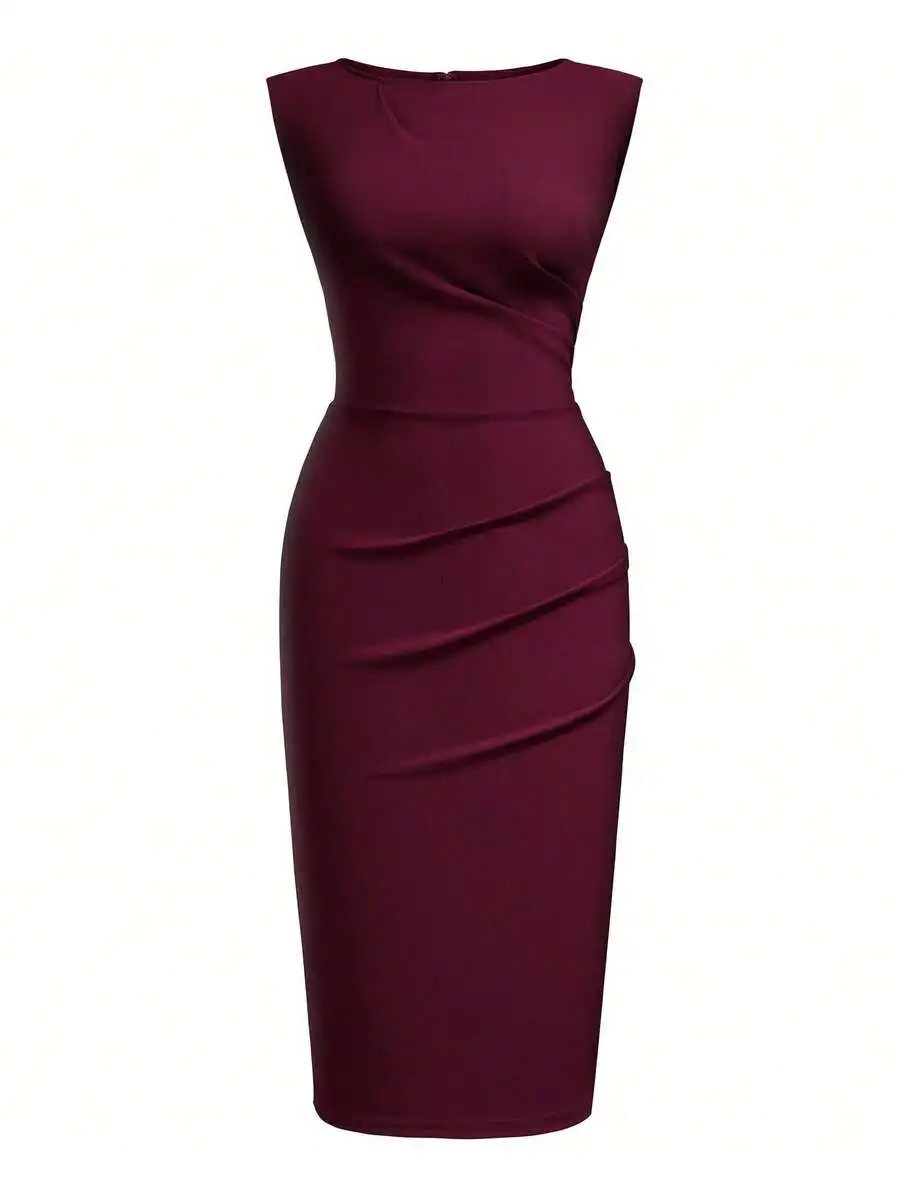 

Elegant Women Sleeveless Ruched Bodycon Pencil Dress Slim Fit Zip Back Business Casual