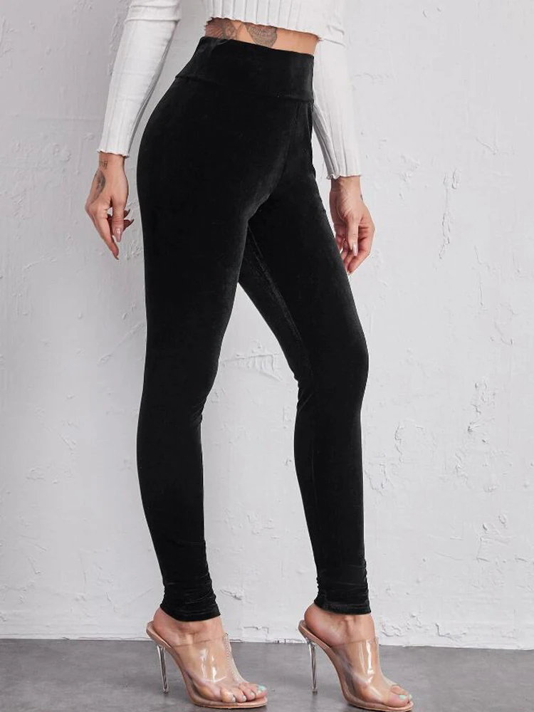 OUMENGKA Spring Elastic Waistband Velvet Skinny Women\'s Pencil Pants Stretch Slim Trousers Female Pencil Leggings S-4XL