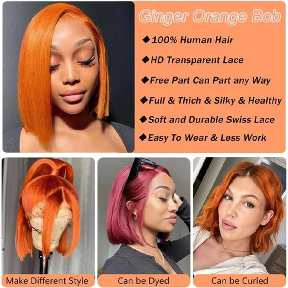 Peruca dianteira do laço marrom de gengibre, Osso peruca reta, Cabelo humano indiano cru, Laranja Ginger Lace Frontal Wig, Peruca curta Bob, 180%