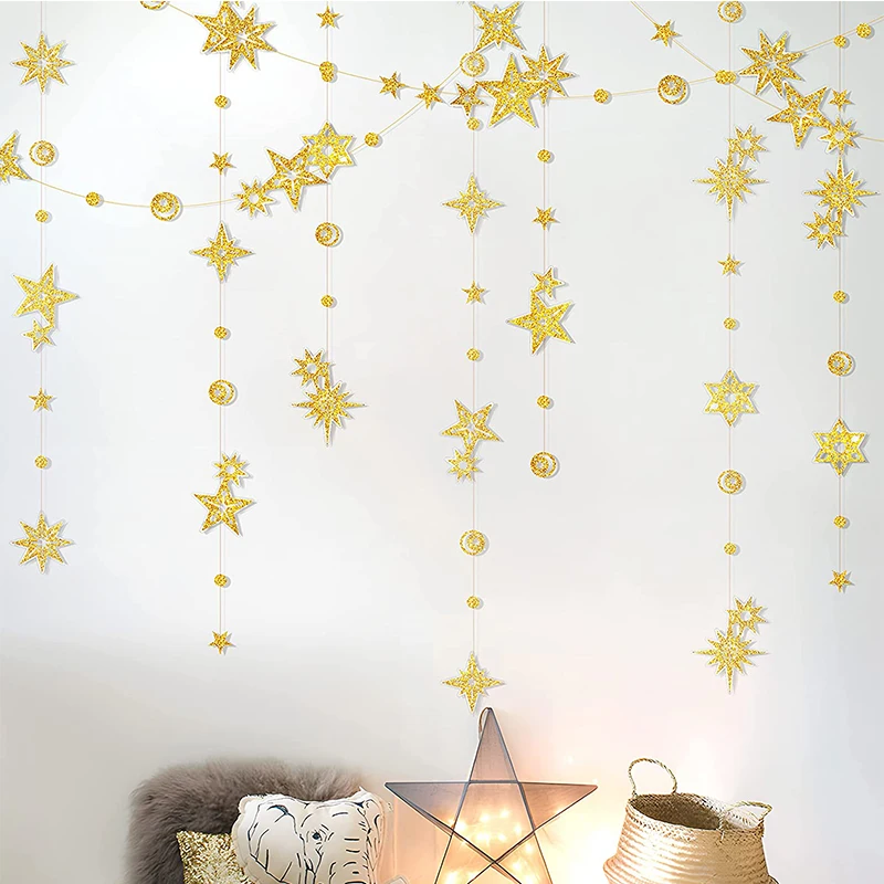 Gold Moon Twinkle Star Garlands Starry Party Decorations Backdrop Hanging Birthday  Wedding EID Streamers Reception Decorations