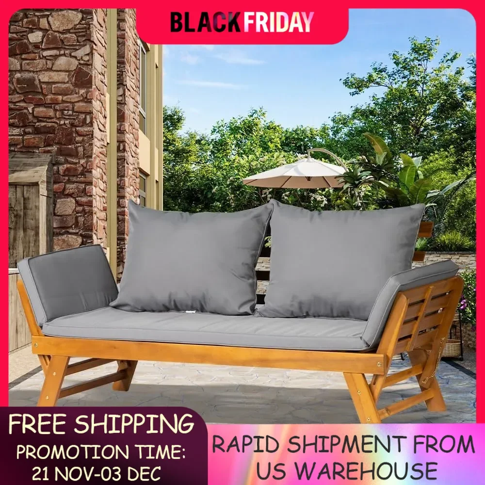 Acacia Wood Convertible Couch Sofa Bed Adjustable Armrest Folding Daybed Collapsible Chaise Lounge w/Cushions Outdoor Loveseat