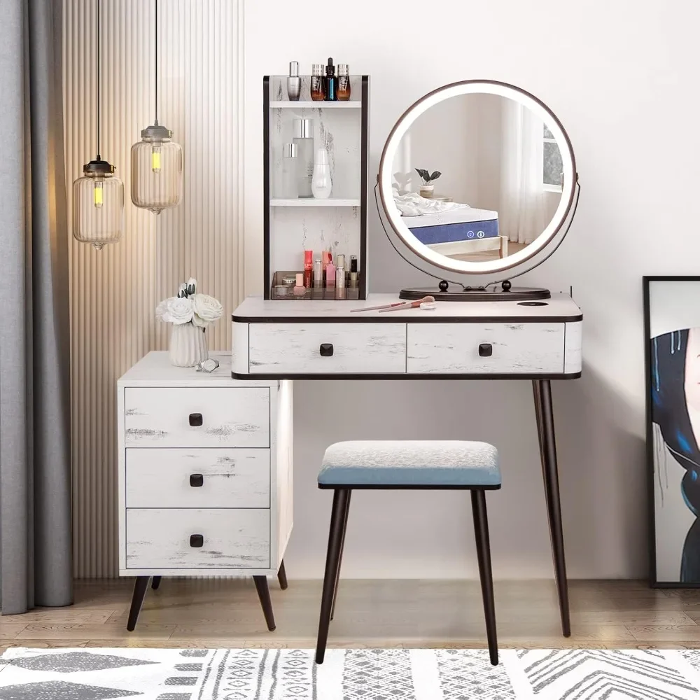Vanity Table Set 3-Color Lighted Mirror Makeup Table Drawers Dressing Charging Station