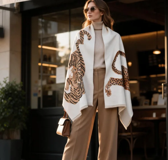 Thickened tiger Leopard Print Cape Women's Fashionable High-End Feeling Air Conditioned Room Outdoor Warmth Poncho
