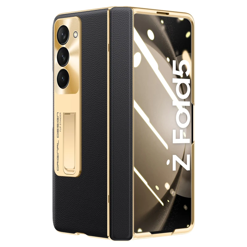 Leather cover metal plated hinge camera bracket Back Cover For Samsung Galaxy Z Fold5 HD screen protect shockproof Phone Case