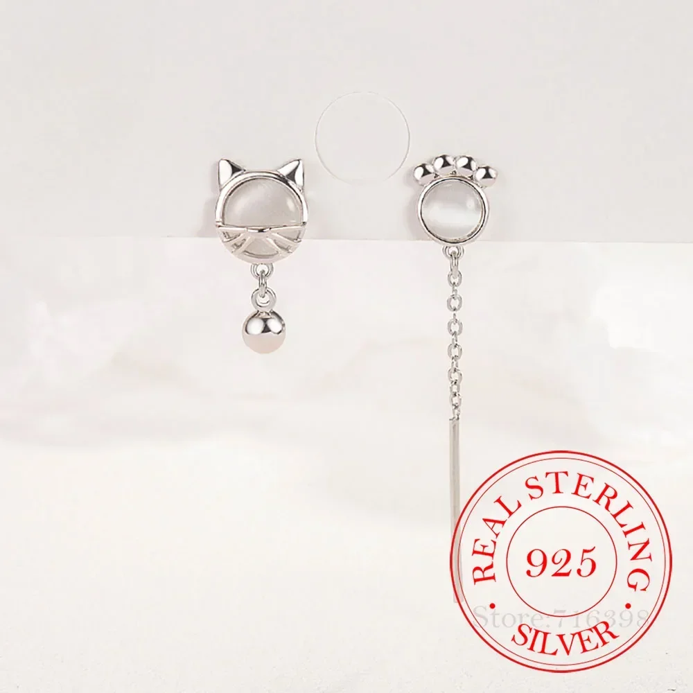 Korean 925 Sterling Silver Opal Asymmetry Cat's Paw Tassel Stud Earrings for Women Piercing Jewelry Women's Wedding Party Gift