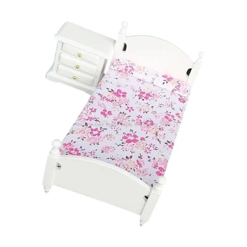 طقم سرير خشبي ومنضدة مقاس 1/12 أثاث مصغر لبيت الدمية للأطفال التظاهر باللعب والعرض القابل للجمع #2