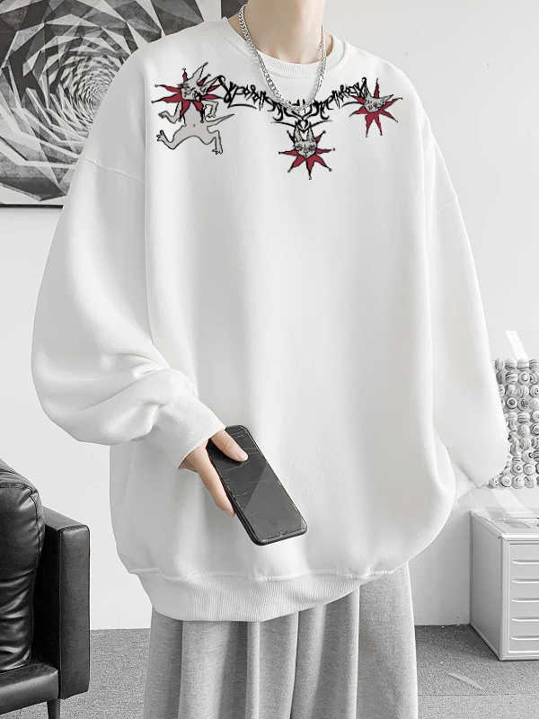 Loose Fit Men's Hoodie round Ne Abstract Print Casual Streetwear Autumn Winter Outerwear Trendy ex Long Sve Sweatirt
