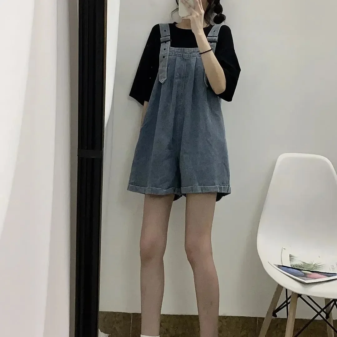 

Джинсовый комбинезон в корейском стиле. Женский летний тонкий соляной серии, нишевый дизайн, свободный повседневный короткий комбинезон в стиле ретро с широкими штанинами