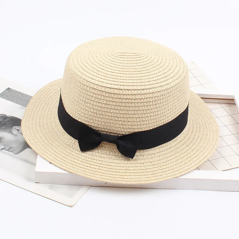 2022 Simple Summer Parent-child Beach Hat Female Casual Panama Hat Lady Brand Women Flat Brim Bowknot Straw Cap Girls Sun Hat