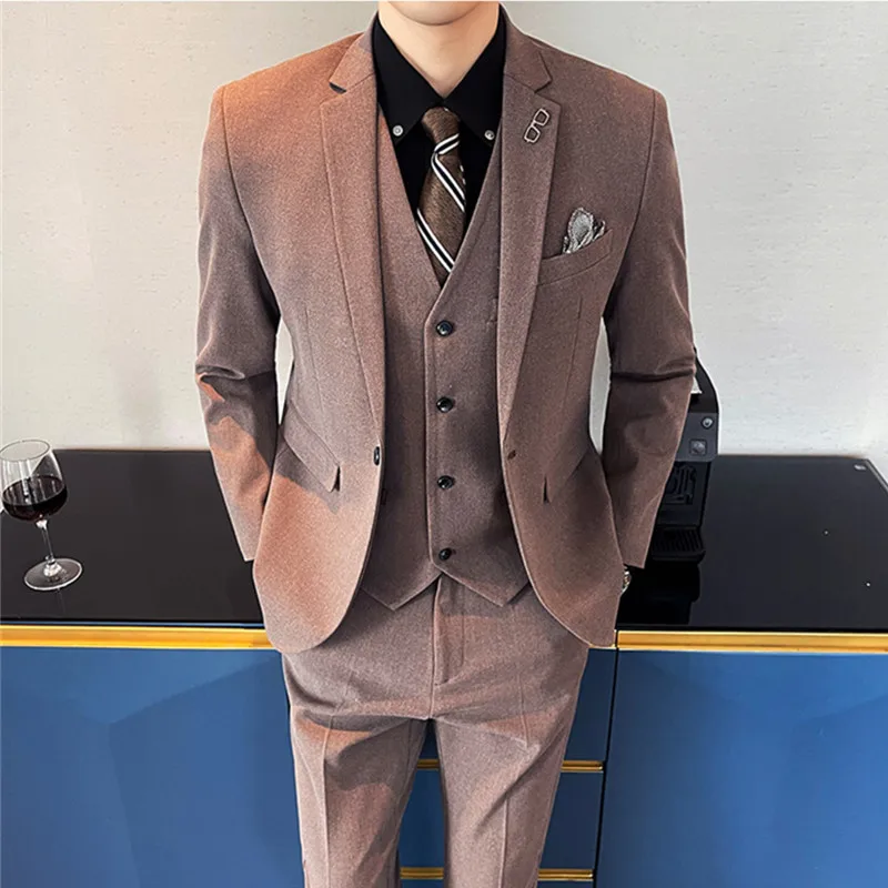 

LE111Plaid Business Blazers Male Slim Fit Pure Cotton Three-piece Suit 3 Pcs Set Plaid Groom Dress