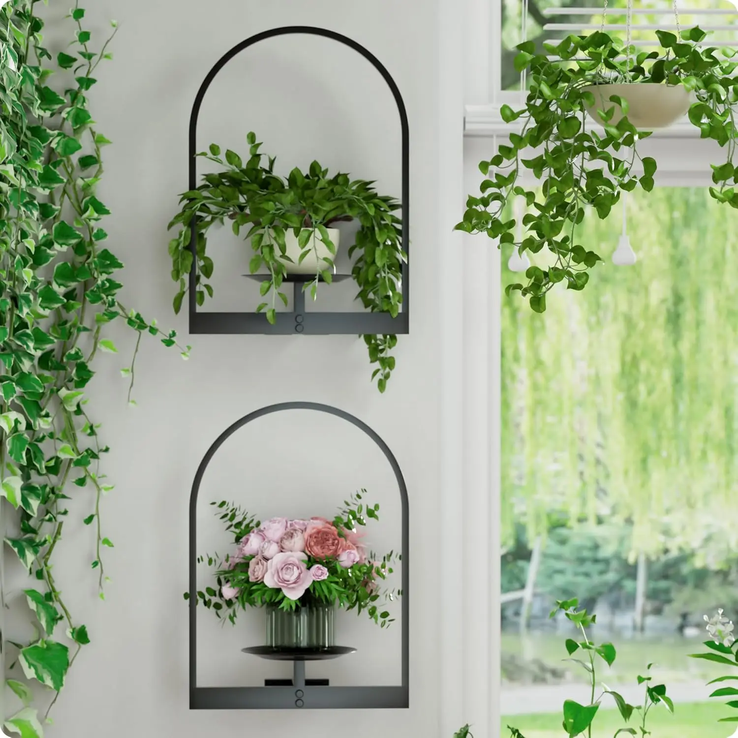 

Black Metal Wall Plant Holder - 2-Pack Indoor Plant Stands & Hanging Holders (Pot Not Included)