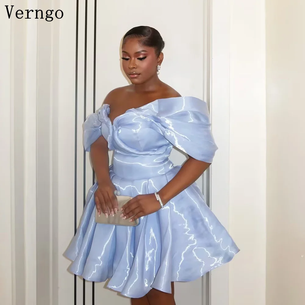 

Verngo Light Blue Shiny Satin Off ShoulderHomecoming Dress Puff Sleeve A-Line Short Ruffle Cocktail Party Dress Customize