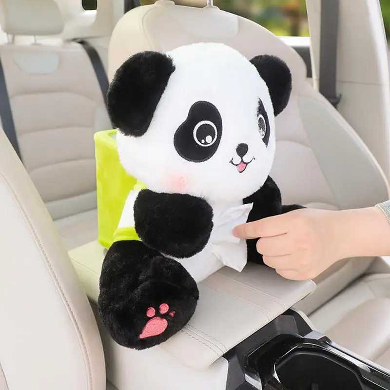 Plush Animal Tissue Holder for Car Animal Doll Tissue Box Trash Can Cartoon Panda Car Tissue Dispenser Plush Garbage Can 2-in-1