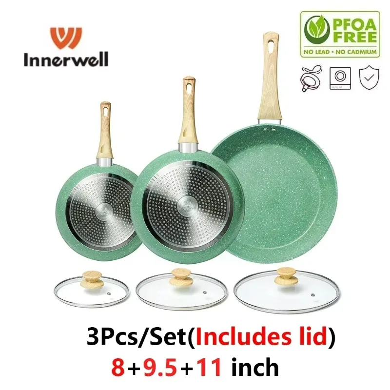 Innerwell Kitchen 3Pcs/Sets Frying Pan with Lid, Nonstick non-toxic coated Cookware, Omelette Steak Skillet, Gourmet cooking pot