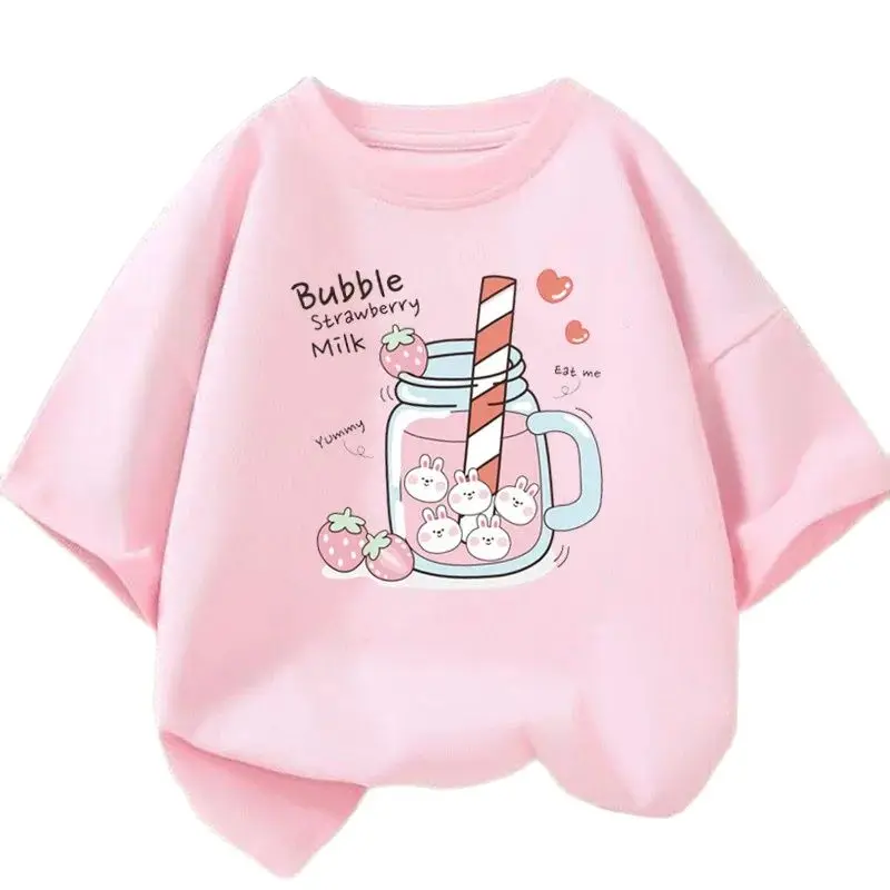 Strawberry Juice Graphic Print T-shirt Girls Aesthetic Pink Tops Tee 2023 Summer New Fashion Kids T Shirt