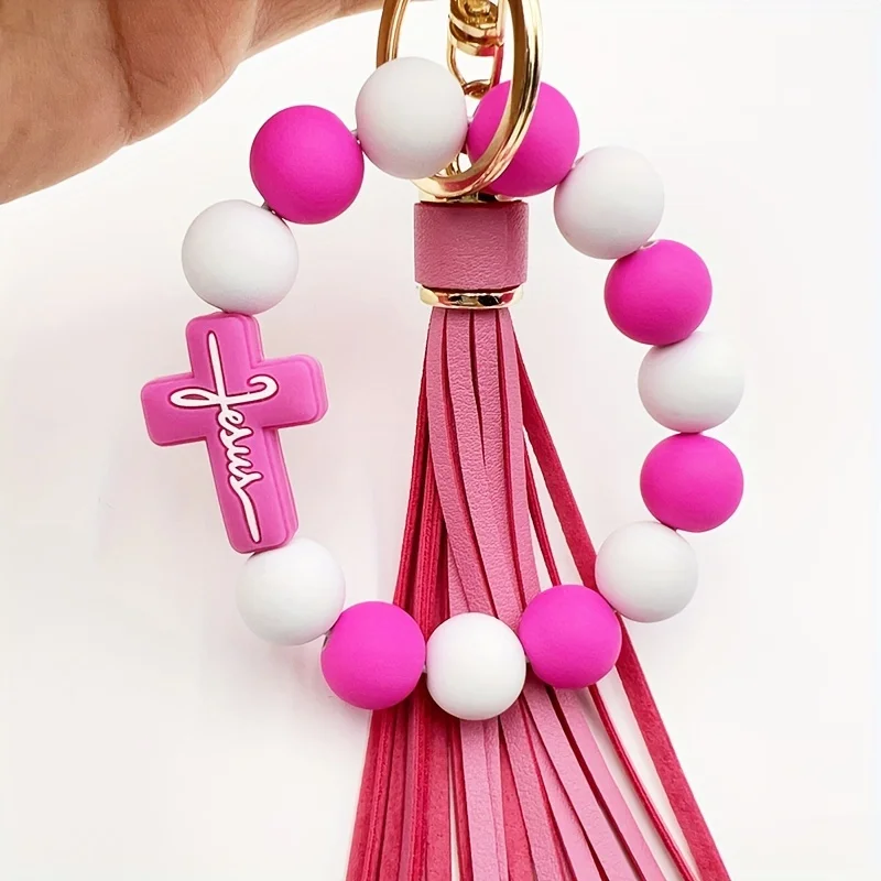 One Cross Silicone Rubber Paint Round Bead Bracelet Keychain