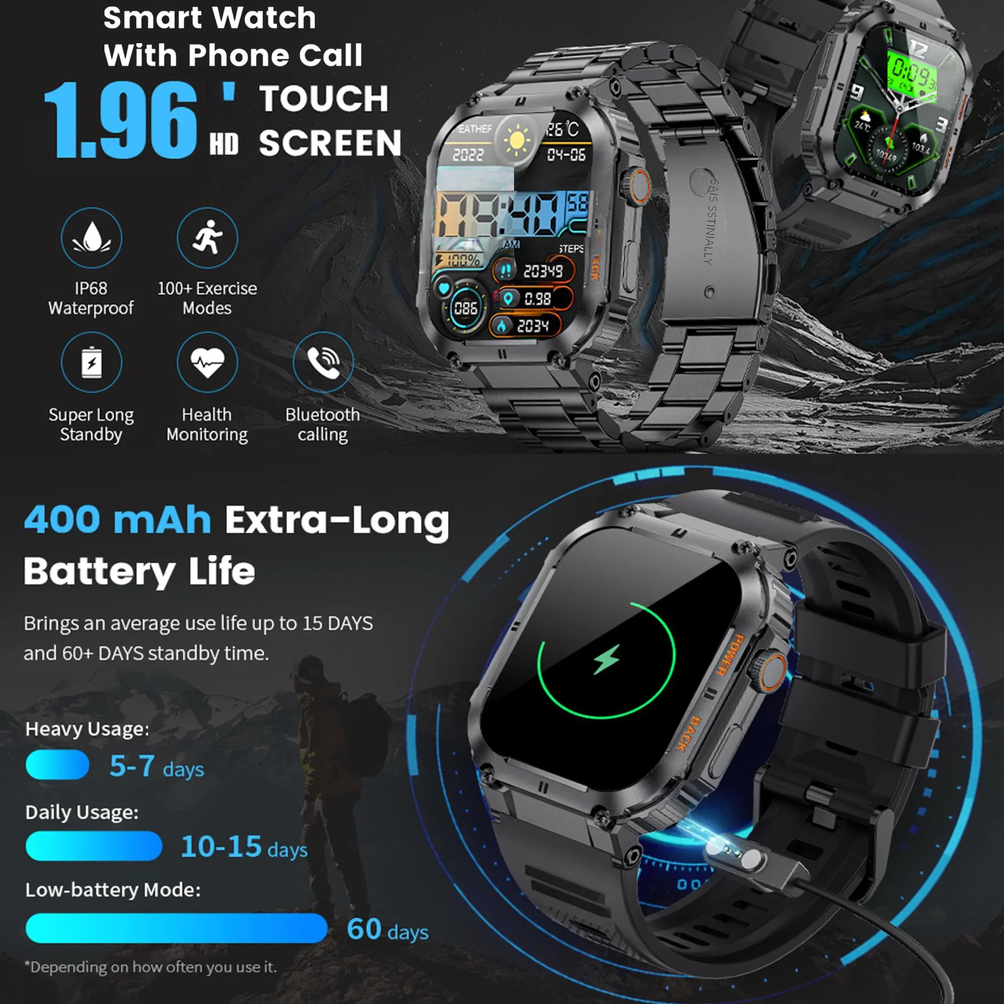 Men Smart Watch 1.96-inch Square Large Screen Bluetooth Call Smart Watch Sport Fitness Health Tracking Waterproof Smart Bracelet