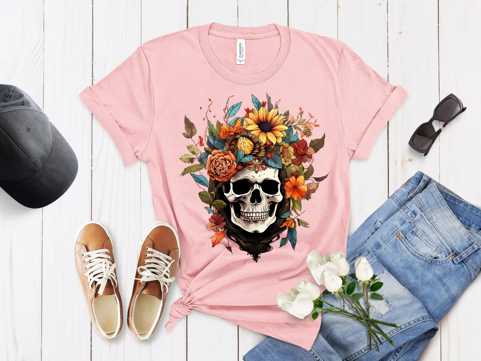 Skeleton Crown Boho Flower T Shirt Vibrant Trendy Gothic Day of the Dead Bohemian Grunge Vibes Hippie Style Top