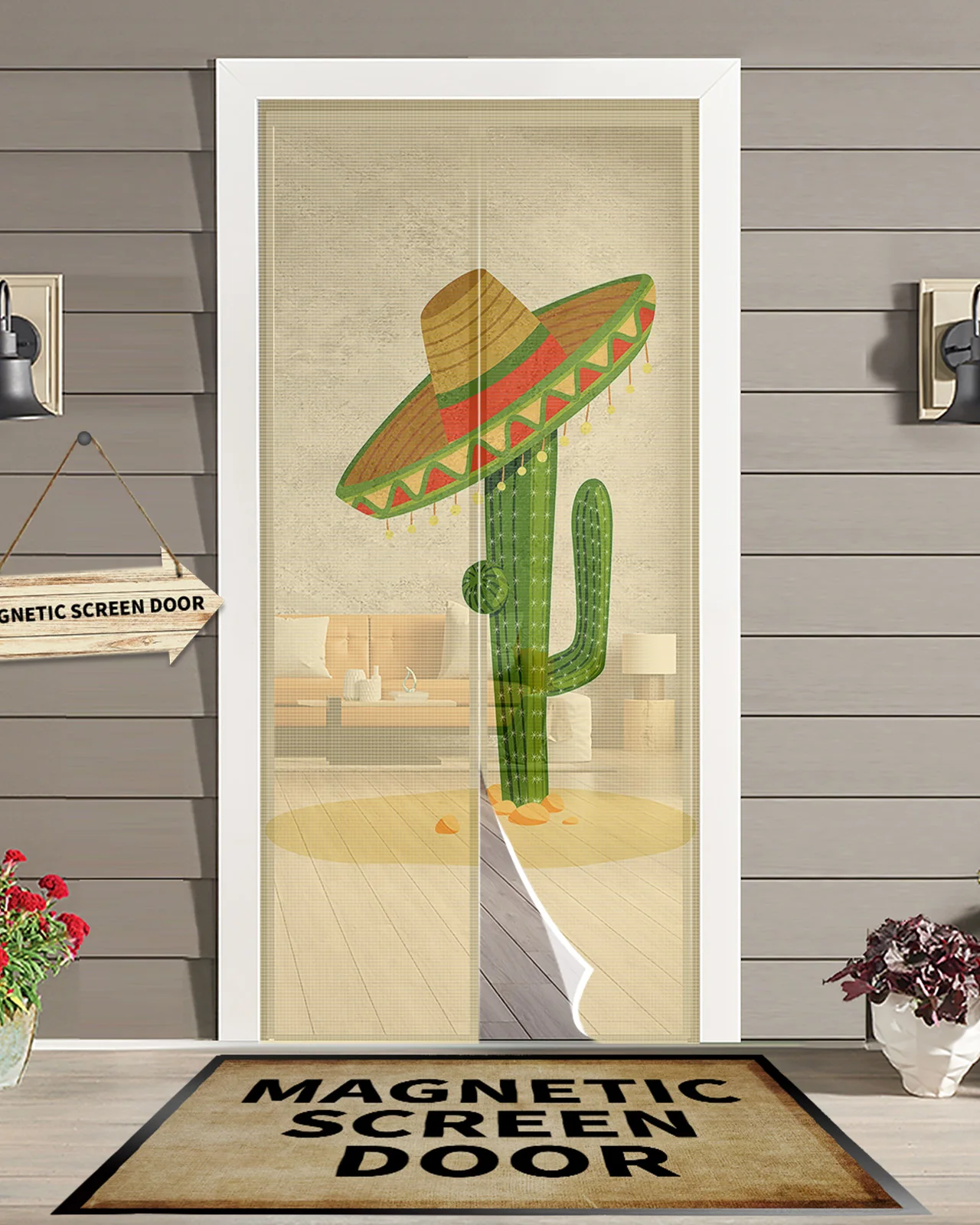 Cactus Hand-Painted Hat Kitchen Curtain Magnetic Mosquito Net Curtains Summer Bedroom Anti Insect Door Curtain