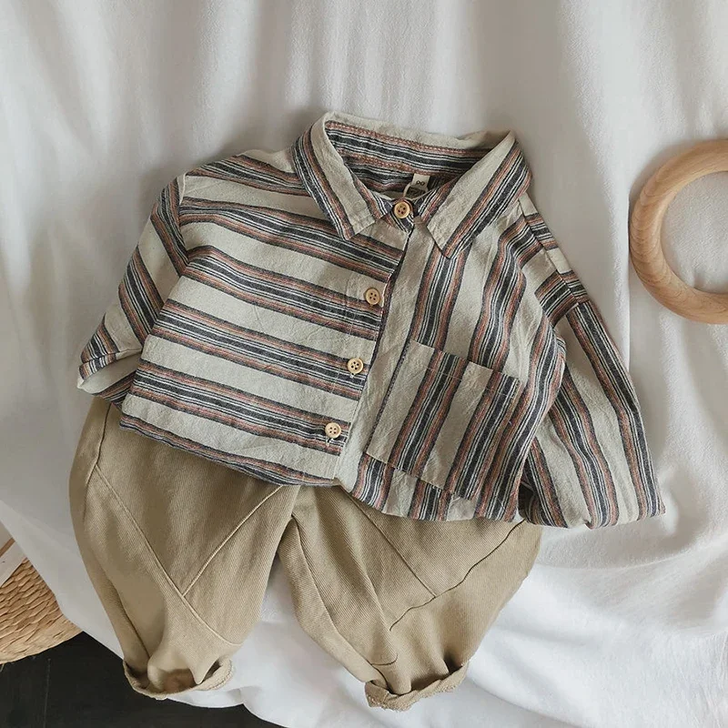 Children\'s Retro Striped Irregular Cotton Linen Shirt Autumn New Korean Literary Baby Boys Buttons Long-Sleeved Shirts WT055