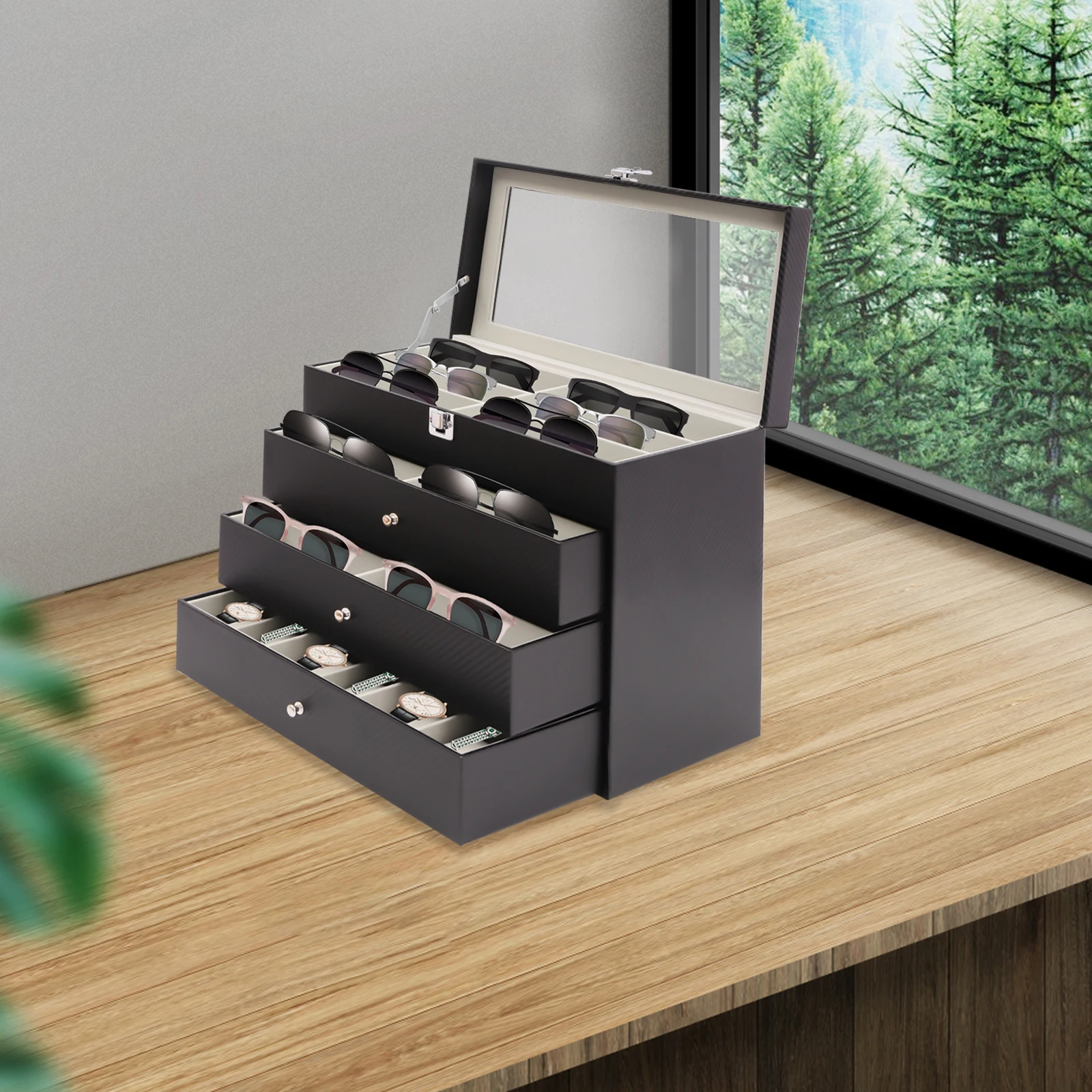 

Многофункциональный органайзер для солнцезащитных очков для женщин и мужчин, 3-слойная витрина для очков, органайзер для ювелирных часов для очков, часов