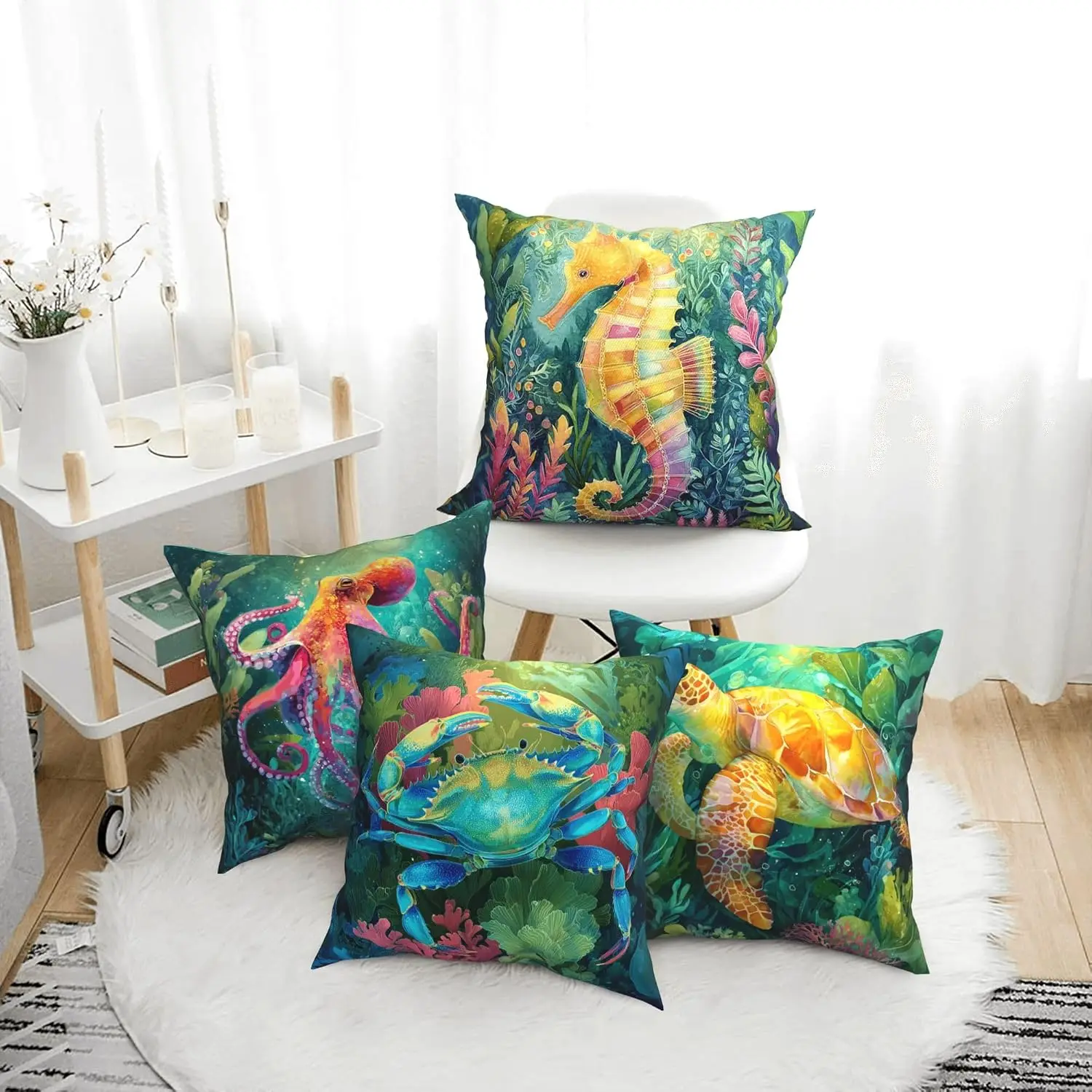 Set of 4 Ocean Life Throw Pillows Mermaid Octopus Crab Sea Turtle Marine Underwater Cushions Tropical Nautical Boho Home Decor D