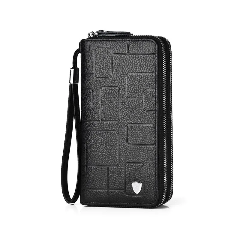 

Мужской кошелек из натуральной кожи с длинной молнией, пайетками и клетчатым узором, визитница, сумка для телефона, портмоне