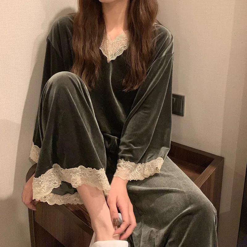 

Women Pajama Sets V-neck Lace Tops+Wide Leg Pants Two Pieces Suits Autumn Winter Sleepwear Soft Loungewear Casual Home Clothes