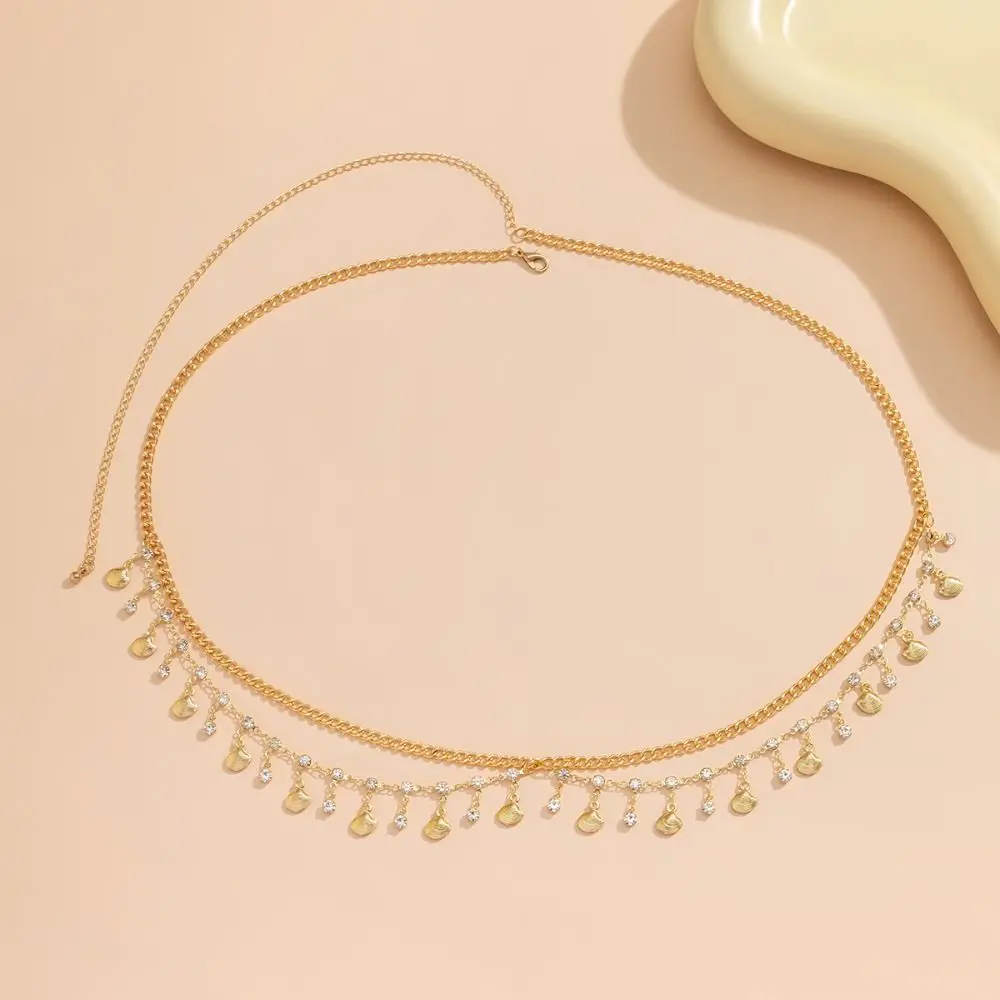 Metal Alloy Rhinestone Waist Chain Multilayer Belt Chain Crystal Belly Body Chain Waistband Gold Butterfly Shell Tassel Pendant