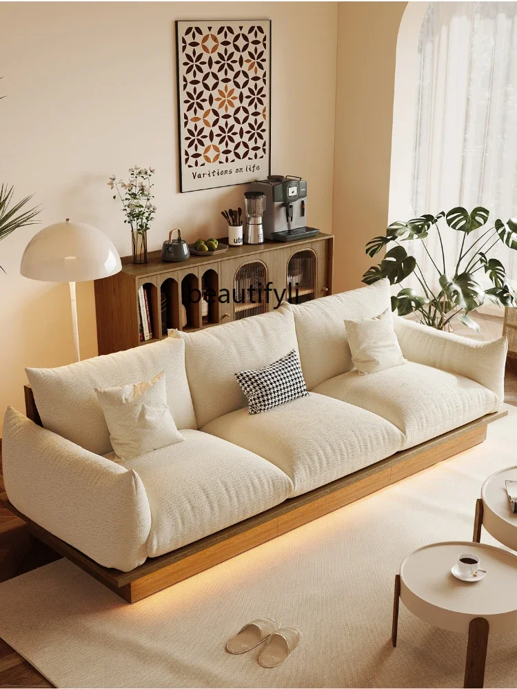 07Japanese Style Log Style Fabric Sofa Cream Living Room Solid Wood Frame Nordic Straight Row