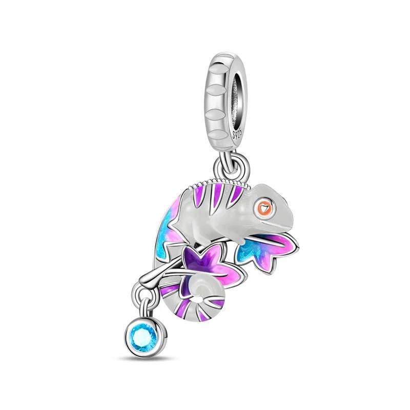 

925 Sterling Silver Colorful Two Tone Chameleon Charms Bead Sparkling CZ Zircon Dangle Fit Original Bracelet DIY Women Jewelry