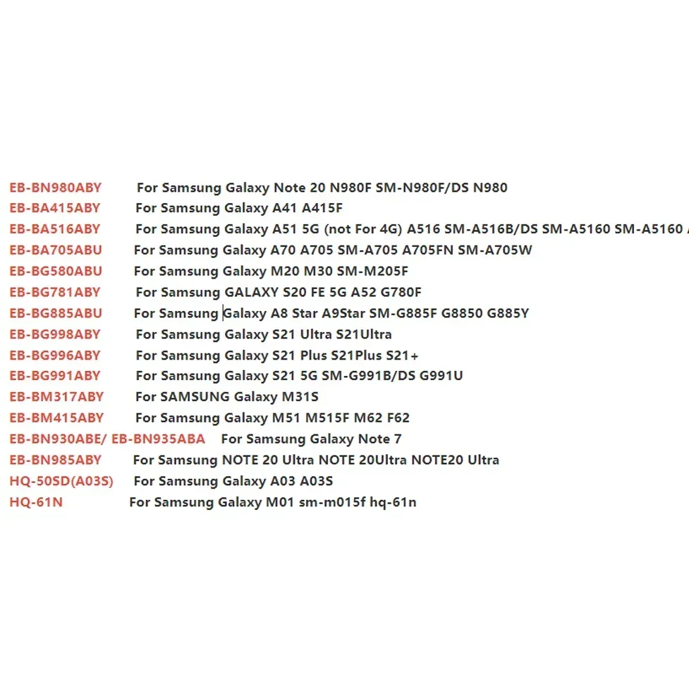 Battery For Samsung Galaxy S21/S21 Ultra/S21Plus/S20 FE/A41/A51 5G/A70/Note 20/ Note 20 Ultra/A02S/M31S/A70 A705/A03 A03S