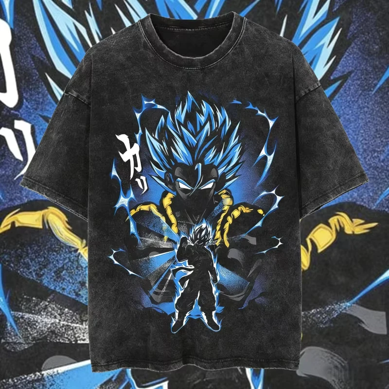 Camiseta Oversize de Verano Dragon Ball 2026, Estampado Vintage Lavado de Gogeta Azul, Unisex, Estilo Casual Urbano para Fans del Anime Y2K
