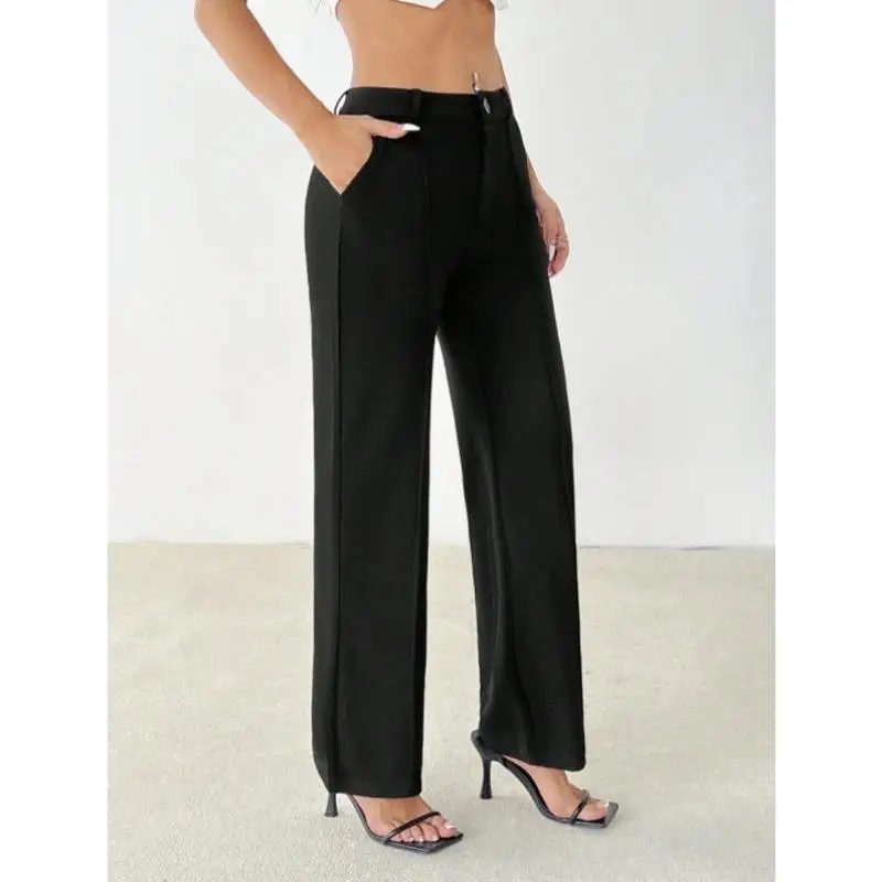 

Cross-Border Casual Commute Pure Color Straight Leg Pants for Women Retro Sle Nine-Piece Length Tee-Vinyl Fiber Micro-Ela...