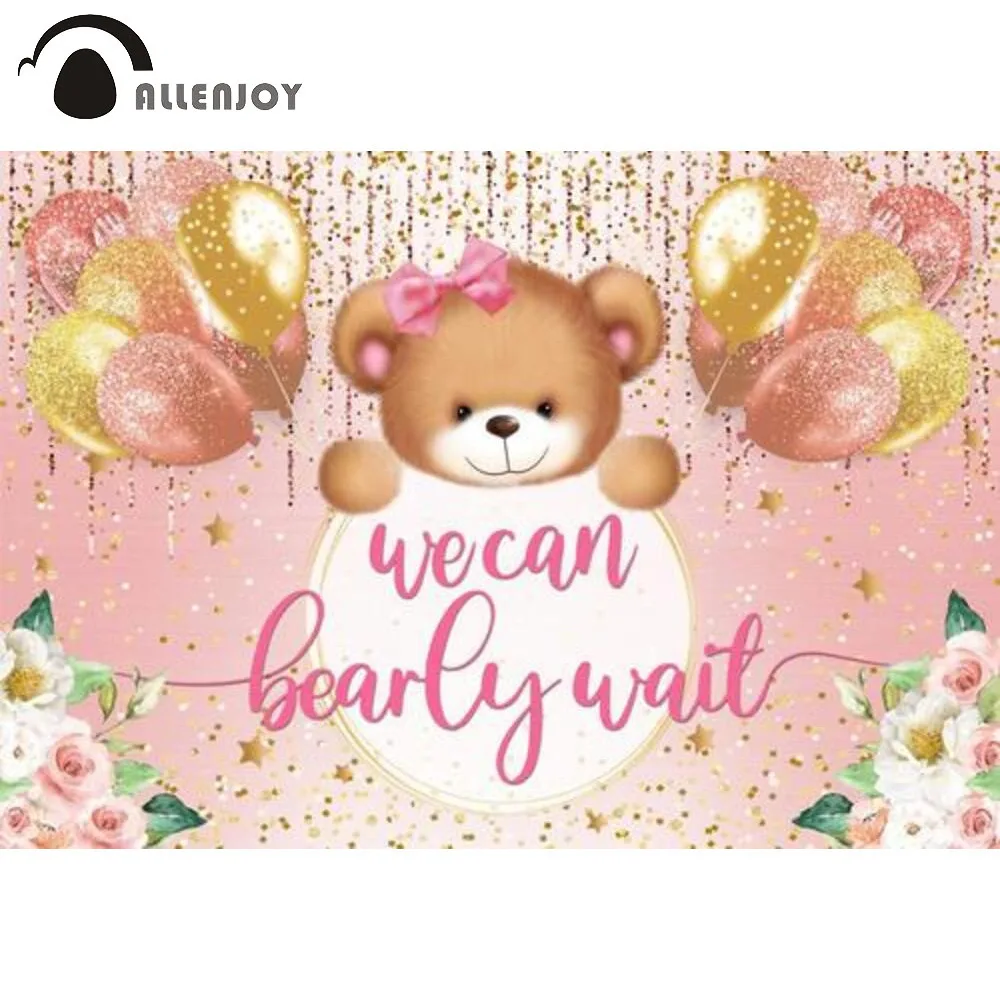 

Allenjoy We Can Bearly Wait Backdrop Baby Shower Party Bear Pink Glitter Gold Girl Floral Newborn Banner Photobooth Background